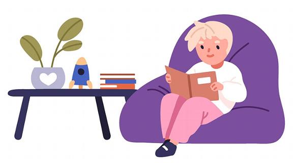 Child sitting in beanbag reading illustration