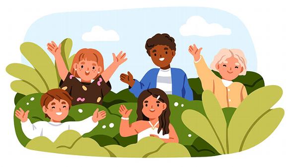 illustration of children waving from behind park hedges